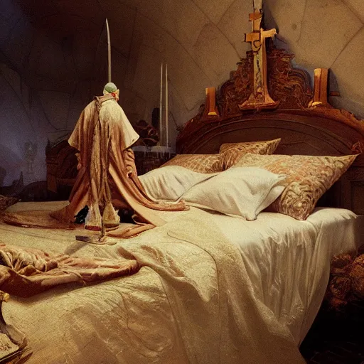 Prompt: the catholic pope in his bed, scared, because a horned demon is attacking the pope. highly detailed painting by gaston bussiere, greg rutkowski, craig mullins 8 k