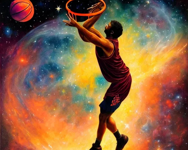 Image similar to cosmic basketball player dunking a basketball hoop in a nebula, an oil painting, by ( leonardo da vinci ) and greg rutkowski and rafal olbinski ross tran airbrush