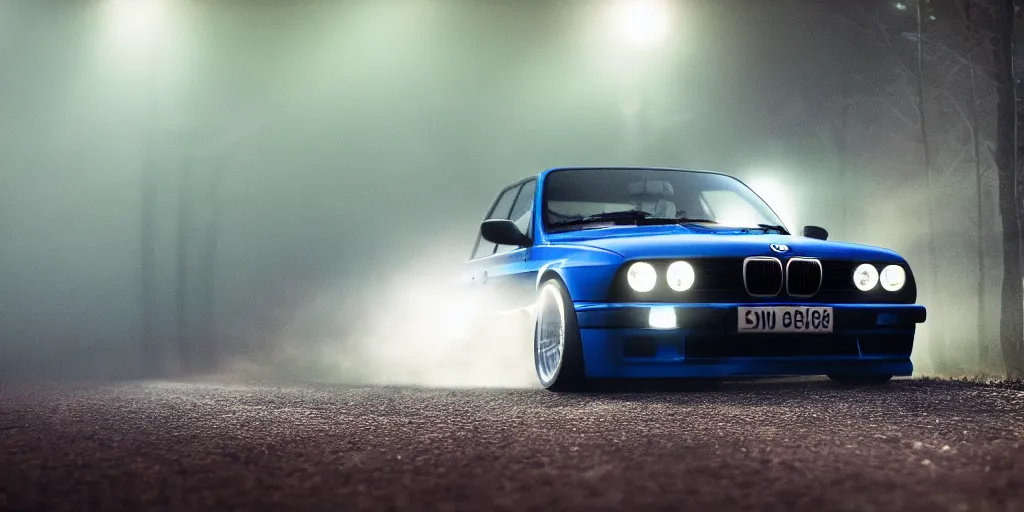 Prompt: car meet of bright dark blue BMW e30 drifting in the dark woods, octane render, cinematic, vibrant colors, hyper realism, depth of view 8k.