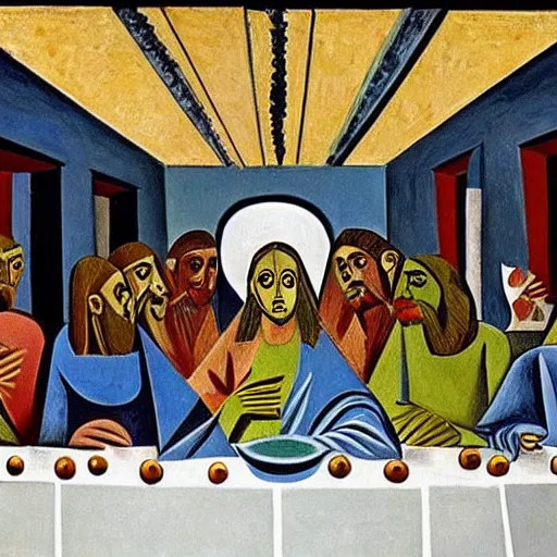 Prompt: The Last Supper, Pablo Picasso, oil on canvas