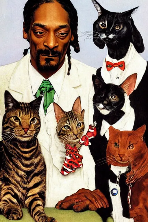 Prompt: snoop dogg and his cats painted by norman rockwell