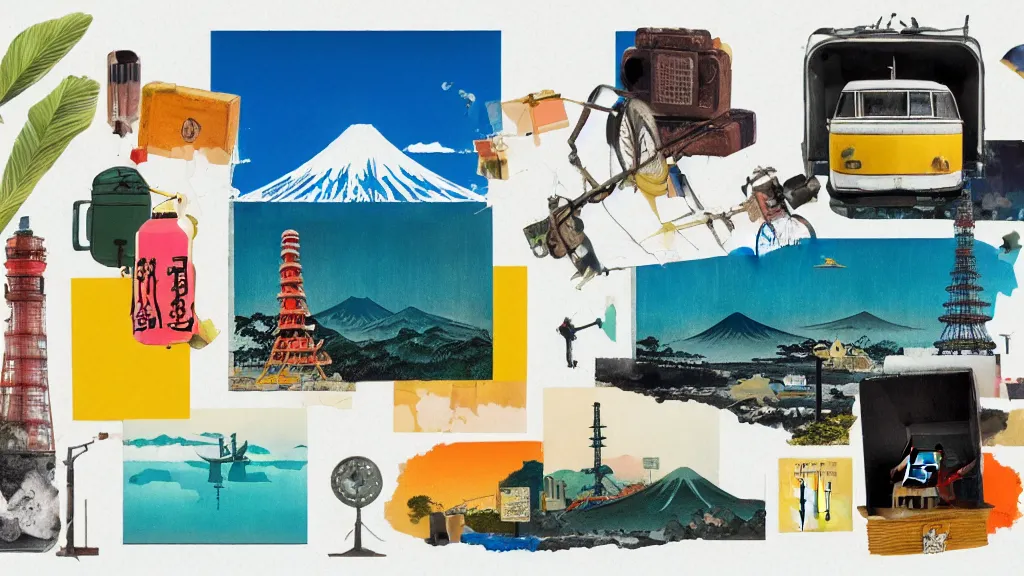 Prompt: an arrangement of adventure traveller props, japan, a collage painting, in the style of wes anderson, lola dupre, david hockney, isolated on negative white space background dark monochrome neon spraypaint accents volumetric octane render