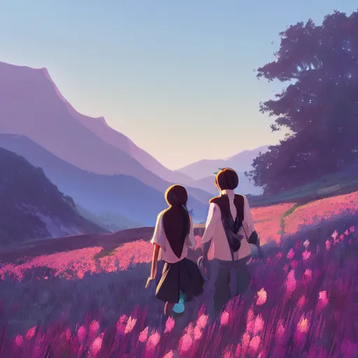 Image similar to one teen girl with long black hair and bangs, one teen boy with black hair, flower fields and mountains in the background, digital painting, artstation, highly detailed, by makoto shinkai and thomas kindle and James gilleard