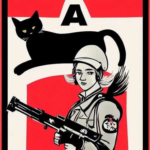 Prompt: a URSS propaganda poster from : a black cat with an AK47 , red and white, This 4K HD image is Trending on Artstation, featured on Behance, well-rendered, extra crisp