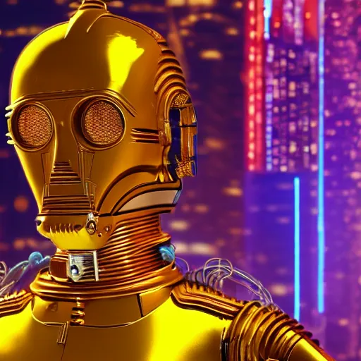 Image similar to photo of c 3 po as a cyberpunk, ultra realistic details, 8 k