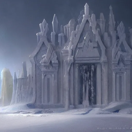 Image similar to a painting of an ice castle in the snow, a detailed matte painting by peter snow, cgsociety, northwest school, matte painting, matte drawing, concept art