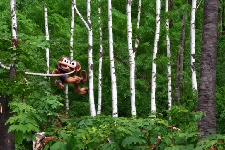 Image similar to donkey kong in a forest knocking down trees, a white birch tree that has fallen over, donkey kong from nintendo 6 4