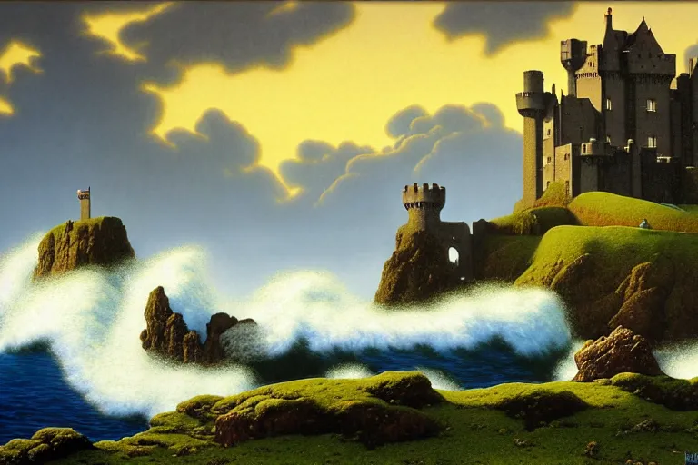 Prompt: a landscape of an irish castle on a seaside cliff, dark clouds, waves crashing, fantasy painting by michael whelan and maxfield parrish, 4 k, hd, award winning, intricate details