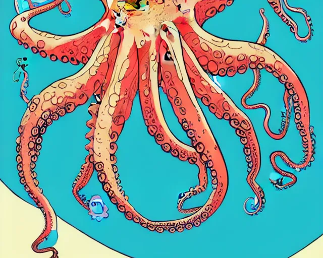 Image similar to a political cartoon showing a cell shaded an octopus surrounding the globe, illustration, full body wide shot, subtle colors, post grunge, concept art by josan gonzales and wlop, by james jean, Victo ngai, David Rubín, Mike Mignola, Laurie Greasley, highly detailed, sharp focus, alien, Trending on Artstation, HQ, deviantart, art by artgem