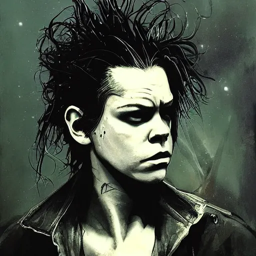 Prompt: stunning portrait of gaunt river phoenix a ( the cure fan ) as dream from sandman, dim stars as eyes, by jeremy mann, by cedric peyravernay, by by russ mills, by richard avedon and ben templesmith, dramatic lightning, sadness, dark eye sockets, in the shadows, punk rock, gothic, high detailed, 8 k