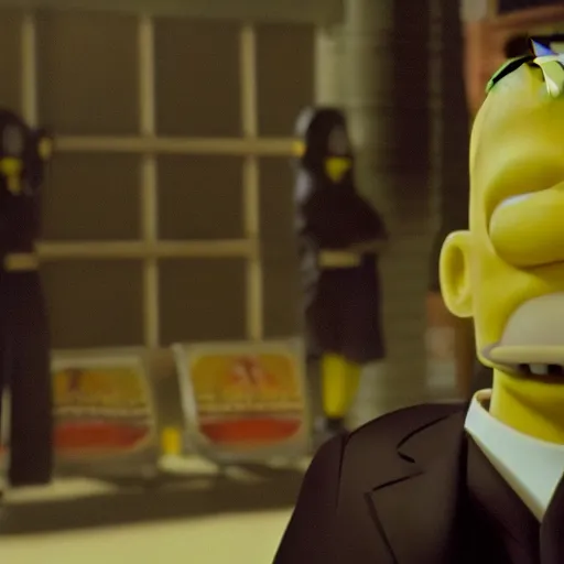 Prompt: A high res cinematic film still of Homer Simpson in the movie The Matrix.