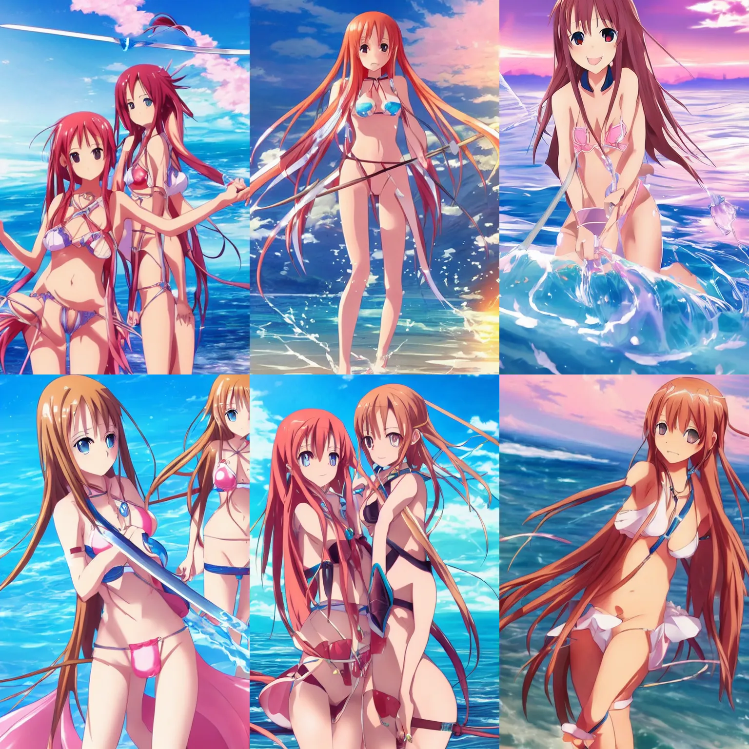 Prompt: Asuna the protagonists of Sword Art Online, smiling, playing with water, wearing a bikini, on the beach, pink sky, romantic, highly detailed