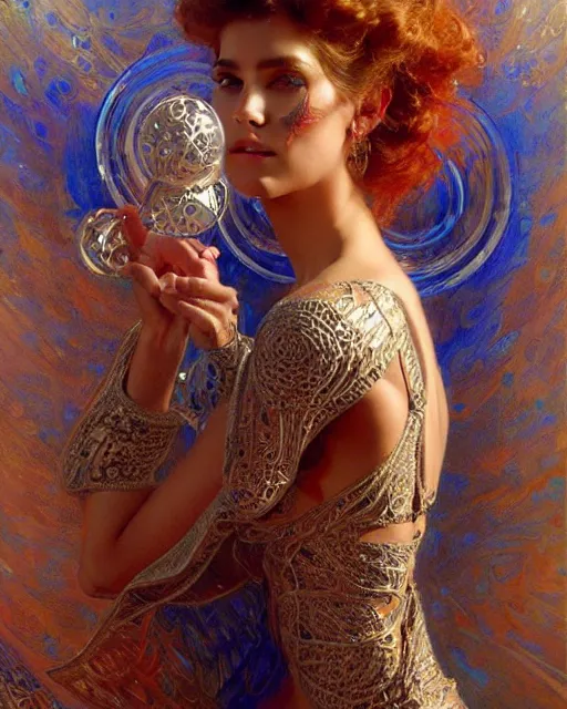 Prompt: an attractive model wearing a futuristic dress surrounded by intricate geometric patterns. highly detailed painting by gaston bussiere, craig mullins, j. c. leyendecker 8 k