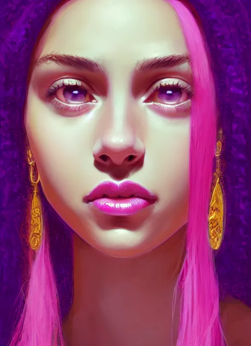 Image similar to portrait of teenage vanessa morgan with bright pink hair, vanessa morgan, curly pixie cut hair, wearing a purple breton cap, breton cap, hoop earrings, intricate, elegant, glowing lights, highly detailed, digital painting, artstation, concept art, smooth, sharp focus, illustration, art by wlop, mars ravelo and greg rutkowski