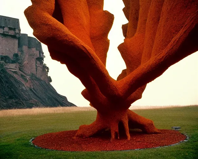 Image similar to by bruce davidson, by andrew boog faithfull redscale photography evocative. a beautiful kinetic sculpture of a gold and obsidian brutalist exploded humanoid diagram tree of evolutuon - like creature, standing in front of a castle atop a cliff.