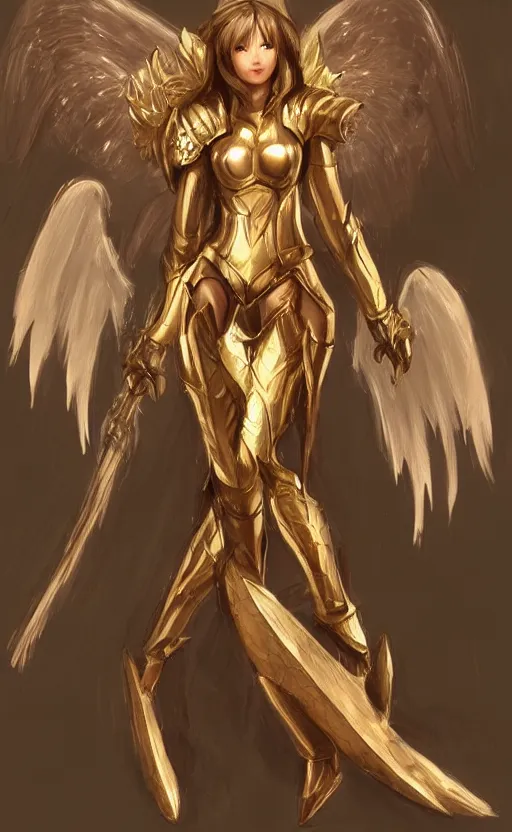 Image similar to Concept art, angel knight girl in golden and cooper armor, artstation trending, highly detailded