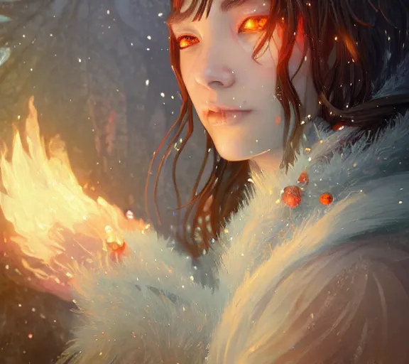 Image similar to beautiful ancient frost witch, fire in eye, snow glow, pool party, highly detailed, digital painting, artstation, sharp focus, illustration, art by tan zi and ayanamikodon and alphonse mucha and wlop