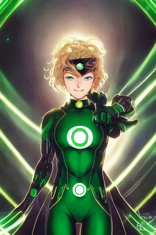 Image similar to anime key visual of a beautiful young female green lantern!! intricate, green and black suit, glowing, powers, dc comics, cinematic, stunning, highly detailed, digital painting, artstation, smooth, hard focus, illustration, art by artgerm and greg rutkowski and alphonse mucha