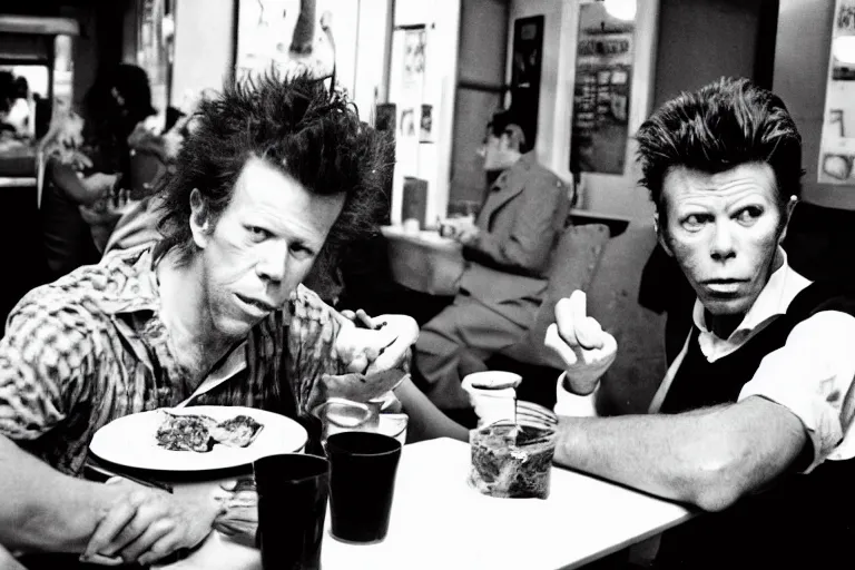 Prompt: tom waits having breakfast at a diner with david bowie, two shot angle, black and white