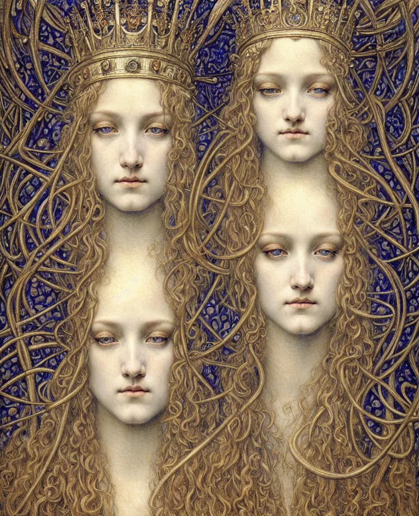 Image similar to detailed realistic beautiful young medieval queen face portrait by jean delville, gustave dore and marco mazzoni, art nouveau, symbolist, visionary, gothic, pre - raphaelite. horizontal symmetry