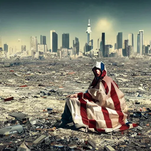 Prompt: a beautiful award-winning photo of the last man on Earth wearing a hazmat suit sitting near the flag of Argentina, serene idyllic post-nuclear background, a mirage of a skyline of a destroyed city, volumetric lighting, very high quality, extremely detailed, subtle visual noise, 8K