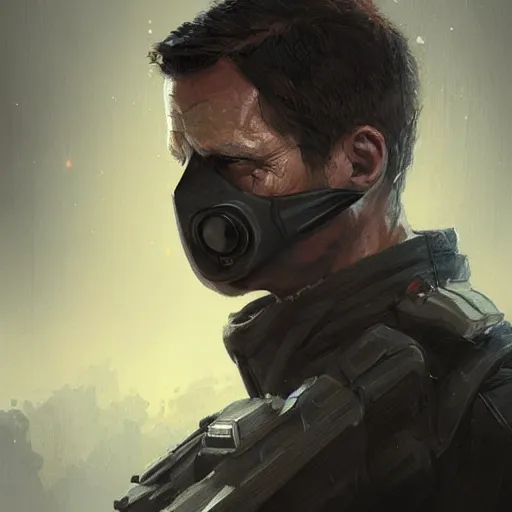 Image similar to portrait of a man by greg rutkowski, he looks like bill paxton, he is wearing a tactical gear and a superhero mask, highly detailed portrait, digital painting, artstation, concept art, smooth, sharp foccus ilustration, artstation hq