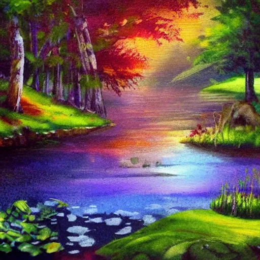 Prompt: a beautiful cottage in the forest, water painting, sun lit, flowers, rainbow