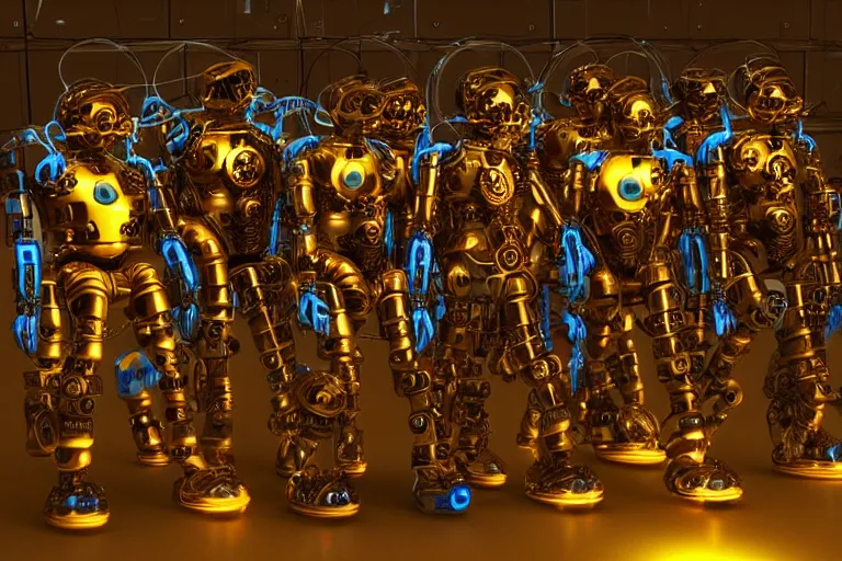 Image similar to 7 golden and blue metal humanoid steampunk robots wearing and gears and tubes, eyes are glowing red lightbulbs, shiny crisp finish, 3 d render, 8 k, insaneley detailed, fluorescent colors, background is an entrance door to a futuristic nightclub, nightlight
