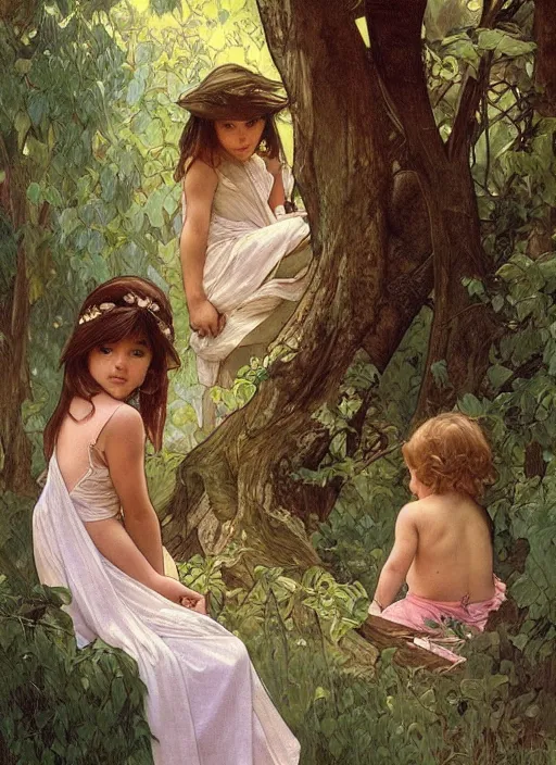 Prompt: two children mischievously peeking out from behind a tree, beautiful painting by artgerm and greg rutkowski and alphonse mucha