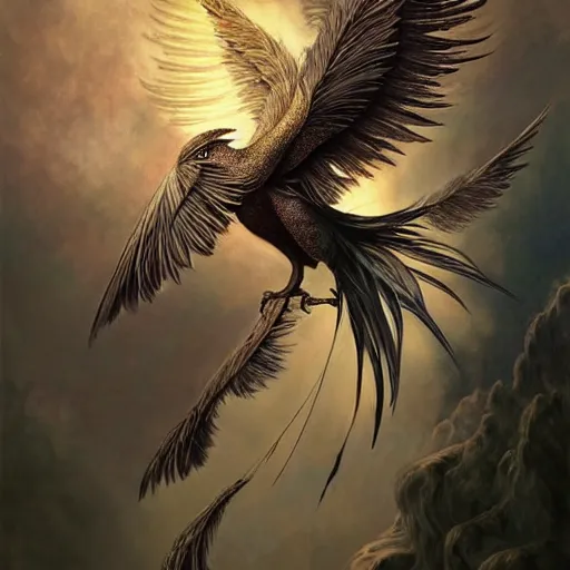 Prompt: feathered bird, covered in feathers, wings, flying, surreal, fantasy, intricate, elegant, dramatic lighting, emotionally evoking symbolic metaphor, highly detailed, lifelike, photorealistic, digital painting, artstation, concept art, smooth, sharp focus, illustration, art by John Collier and Krenz Cushart and Artem Demura and Alphonse Mucha and Albert Aublet