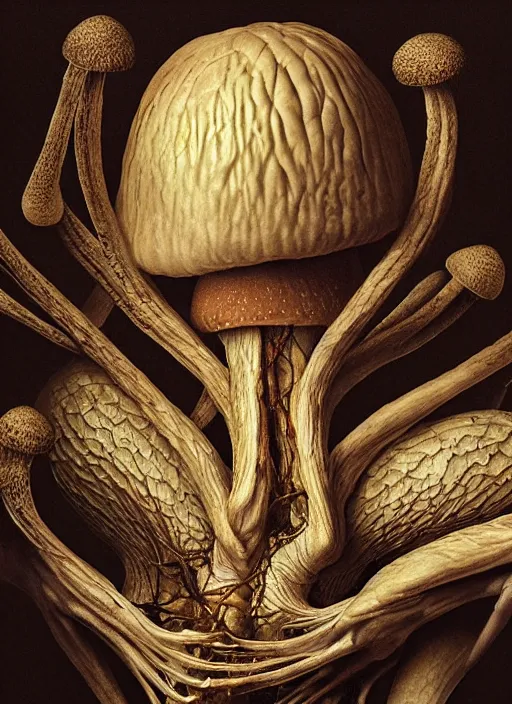 Image similar to magic mushroom with translucent skin, visible muscles and veins and arteries and bones and spines and nerves, beautiful detailed intricate insanely detailed octane render, 8k artistic photography, photorealistic, chiaroscuro, by David Cronenberg, Raphael, Caravaggio