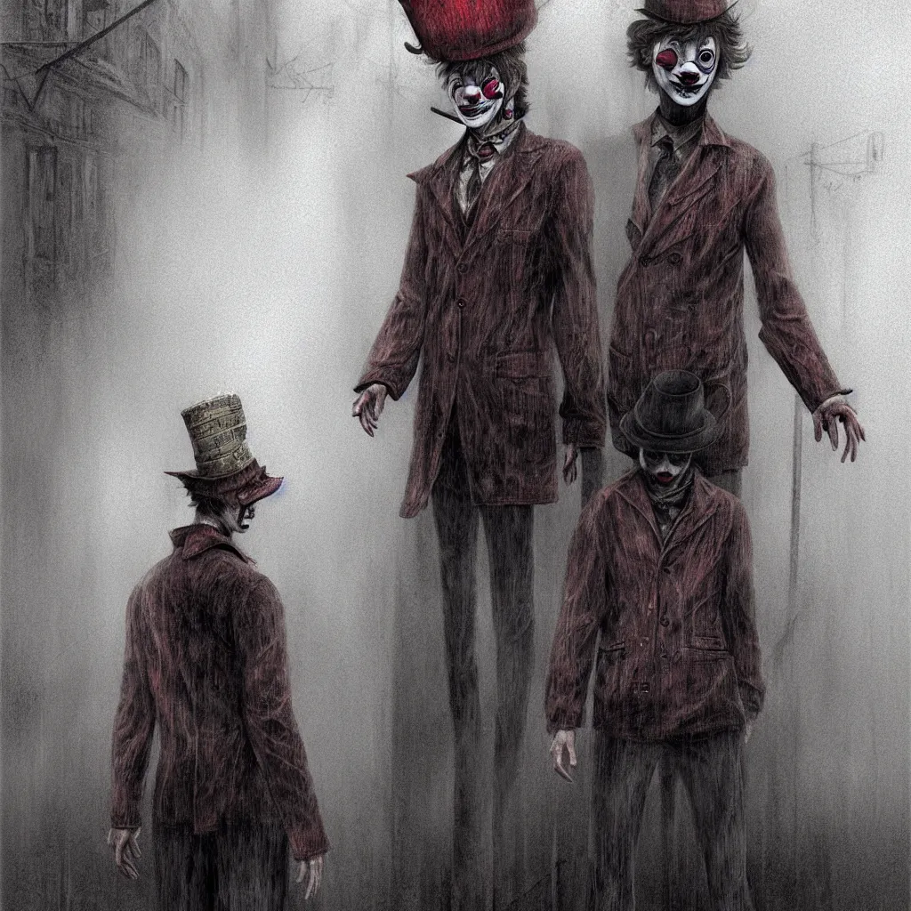 Prompt: James Sunderland from Silent Hill 2 dressed as a clown standing in a foggy street, intricate, elegant, sharp focus, illustration, highly detailed, digital painting, concept art, matte, art by Masahiro Ito
