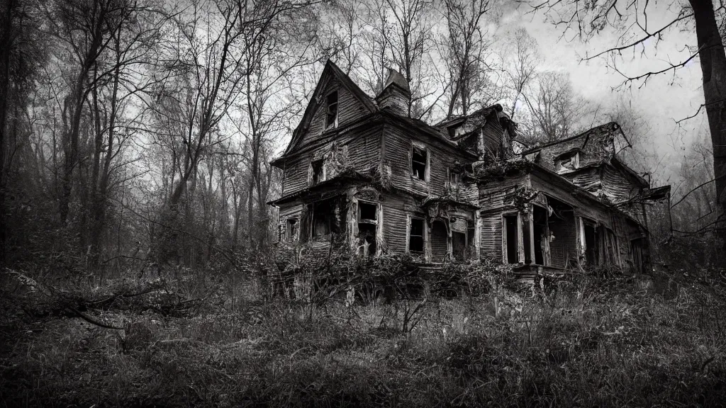 Prompt: photograph of an old abandoned house in the forest, dark, spooky, dreamlike, in the style of 1 3 ghosts movie, low light, hyperrealistic, coherent composition