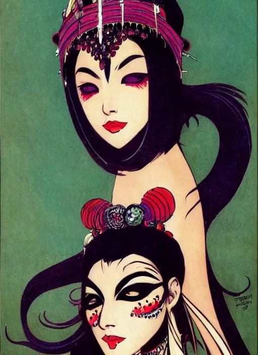 Image similar to junoesque female korean vampiress, jeweled headdress, heavy mascara, strong line, saturated color, beautiful! coherent! by frank frazetta, high contrast, minimalism