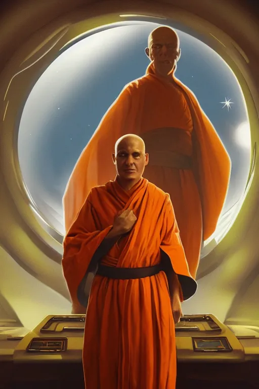 Image similar to portrait of a monk in a spaceship, round window, exploding star, orange robe, dramatic lighting, artstation, matte painting, ralph mcquarrie