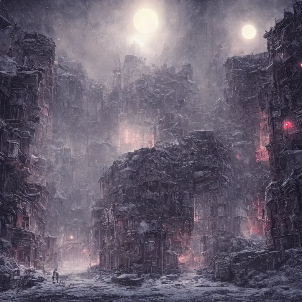 Image similar to a ruined city in the style of aetherpunk, a snowy street, huge red moon, global illumination, detailed and intricate environment, mysterious