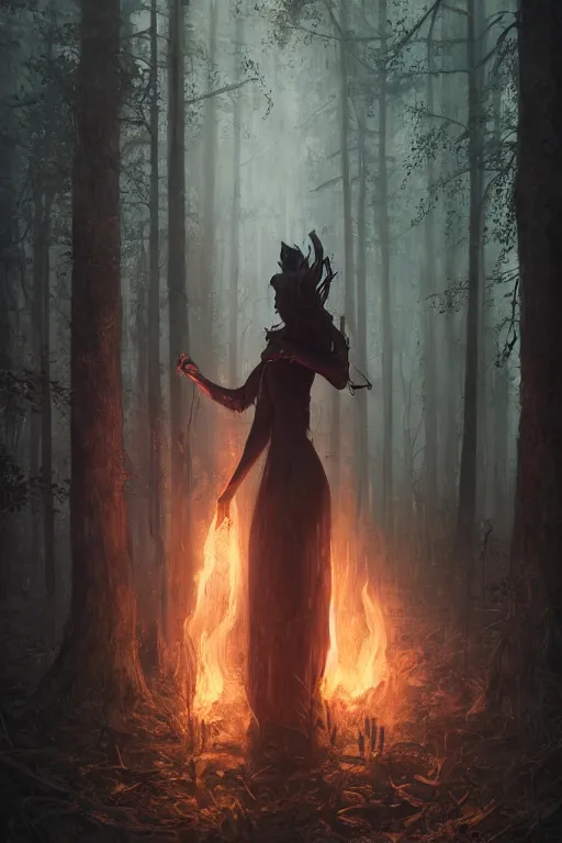 Image similar to a fancy illustrated portrait of a beautiful dark mage performing a ritual deep in the forbidden forest by Greg Rutkowski, Sung Choi, Mitchell Mohrhauser, Maciej Kuciara, Johnson Ting, Maxim Verehin, Peter Konig, final fantasy , mythical, 8k photorealistic, cinematic lighting, HD, high details, atmospheric,