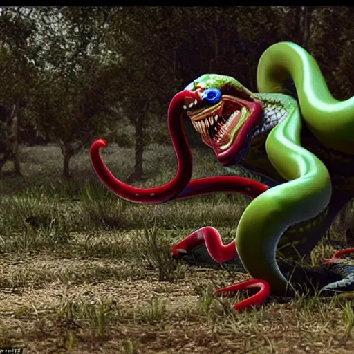 Image similar to snake shooting his venom at clown on the graveyard, ultra realistic, 1 0 8 0