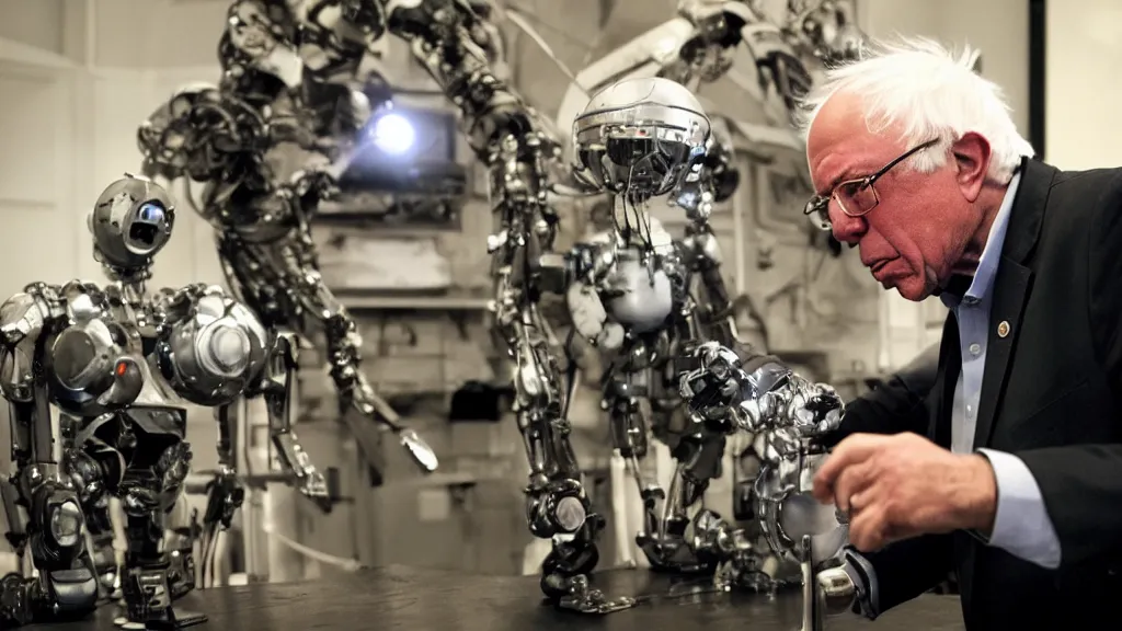 Prompt: bernie sanders putting the finishing touches on a cute clockwork doomsday robot, cinematic moody lighting, sharp focus, imax