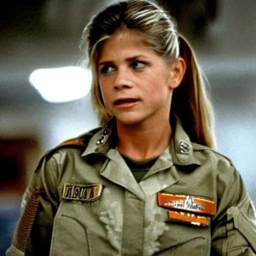 Image similar to linda hamilton in a military base, 1 9 8 7, movie still