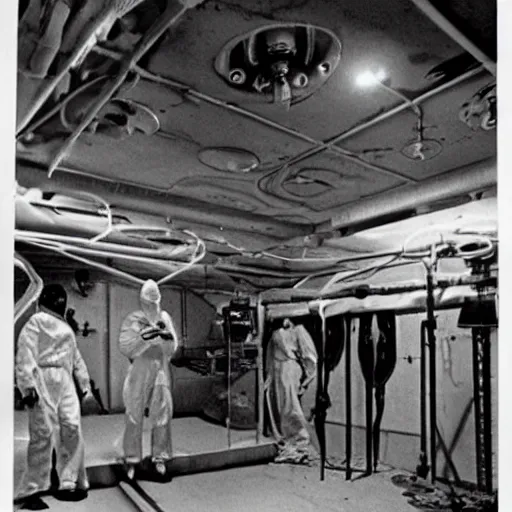 Image similar to secret underground lab where alien body experiments are performed, top secret, high detail, 1 9 6 5 s