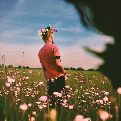 Prompt: kodak portra 4 0 0 photograph of a skinny blonde goth guy standing far back in a field of flowers, back view, flower crown, moody lighting, telephoto, 9 0 s vibe, blurry background, vaporwave colors, faded!,