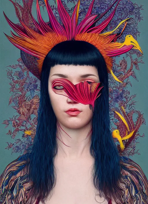 Prompt: an awkward punk woman with a crooked nose, cat eye, botanical, birds of paradise, portrait face, colorful, kupka, intricate, miles johnston, kuroda seiki, ozabu, godward, painterly, yoshitaka amano, moebius, miles johnston, louise zhang, james jean, mark ryden lowbrow pop surrealism art style