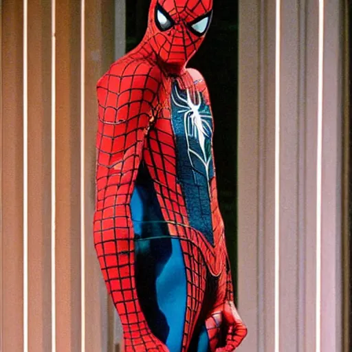 Image similar to Zendaya wearing Spiderman costume in American Psycho (1999)