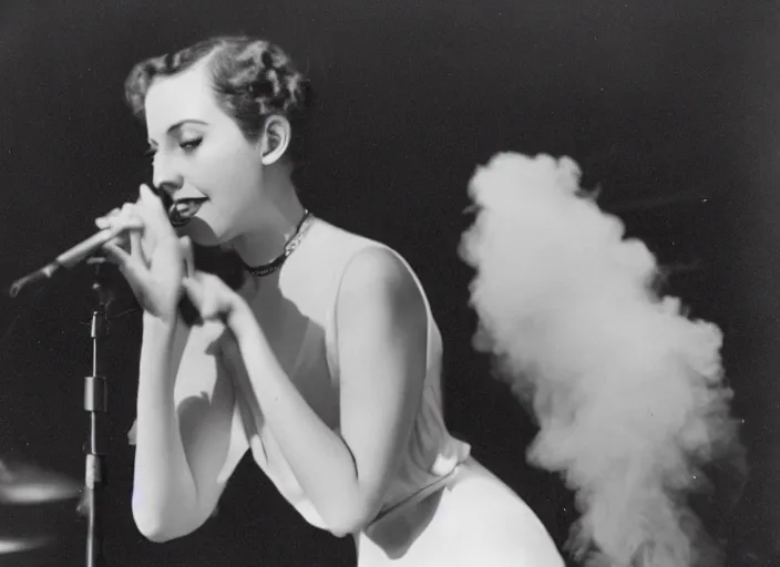 Prompt: a close up photograph of a singer on stage, with her back behind her, 1 9 3 0 s jazz club, smoke - filled room