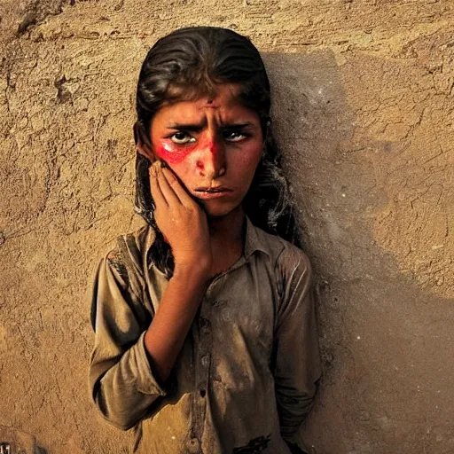 Prompt: the haunting expression, a mixture of pain and resilience, of a child thought to be around 1 2, was dubbed the afghan girl. she became a symbol of war, displacement and defiance after american photographer steve mccurry captured her image in a refugee camp in peshawar, on the afghanistan - pakistan border