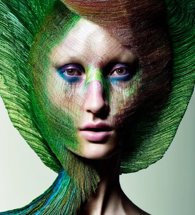 Image similar to photography face portrait of one female fashion model in rainforest, wearing one organic futurist shawl designed by iris van herpen,, creative colorfull - makeup, curly hair style half _ long, photography by paolo roversi nick knight, helmut newton, avedon, and araki, sky forest background, natural pose, highly detailed, skin grain detail