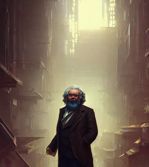 Image similar to highly detailed portrait of karl marx in cyberpunk, cyborg, stephen bliss, unreal engine, fantasy art by greg rutkowski, loish, rhads, ferdinand knab, makoto shinkai and lois van baarle, ilya kuvshinov, rossdraws, tom bagshaw, global illumination, radiant light, detailed and intricate environment