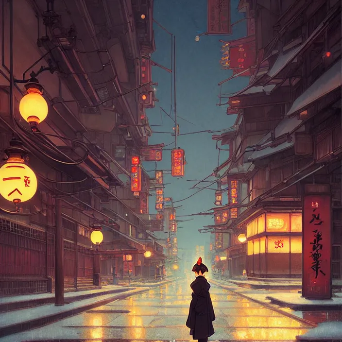 Prompt: empty tokyo at night, winter, in the style of studio ghibli, j. c. leyendecker, greg rutkowski, artem