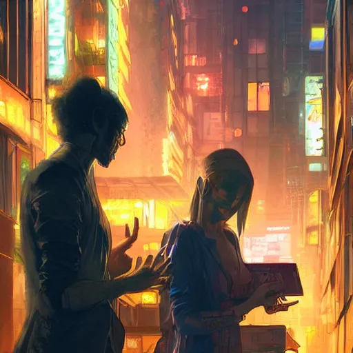 Image similar to two people haggling, detailed digital illustration by greg rutkowski, cyberpunk back alley, nighttime, colorful lighting, android netrunner